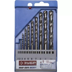 Набор ЗУБР "ЭКСПЕРТ": Свёрла по металлу, цилиндрический хвостовик, быстрорежущая сталь Р6М5, 1-10мм, 10шт 4-29625-H10