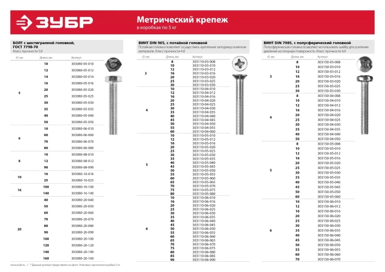 Винт ЗУБР "МАСТЕР" DIN 965, класс прочности 4.8, оцинкованный, M4x10мм, 5кг 303110-04-010 купить в Нижневартовске