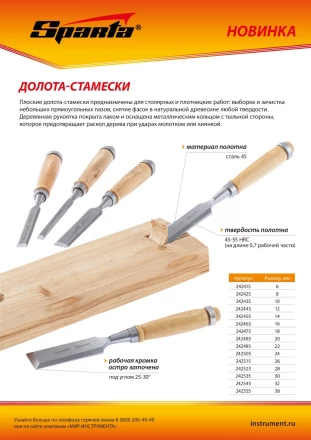 Долото-стамеска 24 мм, деревянная рукоятка Sparta 242505 купить в Нижневартовске