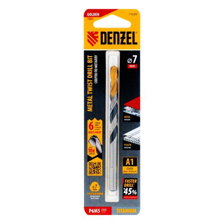 Сверло спиральное по металлу Denzel 7,0 x 109мм, Р6М5, Golden Tip, многогранная заточка 718280 купить в Нижневартовске