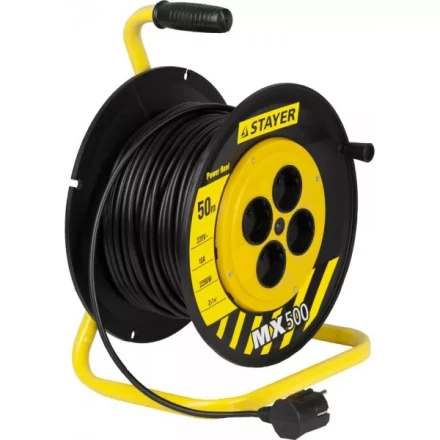 Удлинитель на катушке "MX500", 50 м, 4 гнезда, ПВС 2x1 кв мм, 2200 Вт, STAYER 55074-50 купить в Нижневартовске