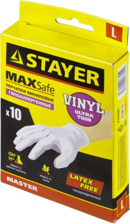 Перчатки STAYER &quot;MASTER&quot; виниловые экстратонкие, L, 10шт 11208-L купить в Нижневартовске