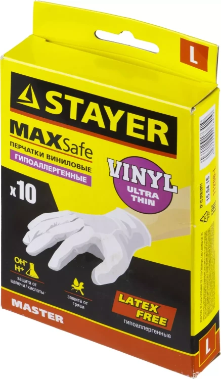 Перчатки STAYER "MASTER" виниловые экстратонкие, L, 10шт 11208-L купить в Нижневартовске