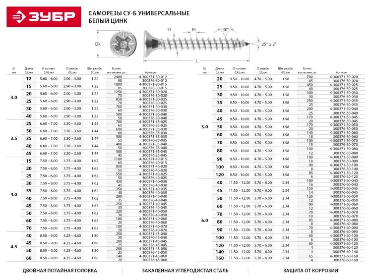 Шурупы ЗУБР по дереву оцинкованные, 4.0x50мм, 14шт 4-300376-40-050 купить в Нижневартовске