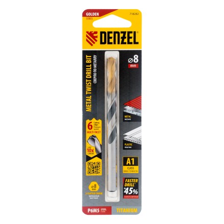 Сверло спиральное по металлу Denzel 8 x 117мм, Р6М5, Golden Tip, многогранная заточка, 718282 купить в Нижневартовске