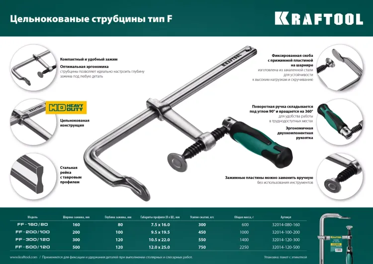 Струбцина KRAFTOOL FORGE тип F,цельнокованая 32014-120-500 купить в Нижневартовске
