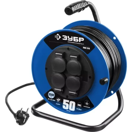 Удлинитель на катушке &quot;ПВС 315&quot;, 50 м, 3500 Вт, 4 гнезда, IP44, ПВС 3х1,5 кв мм, ЗУБР 55081-50 купить в Нижневартовске