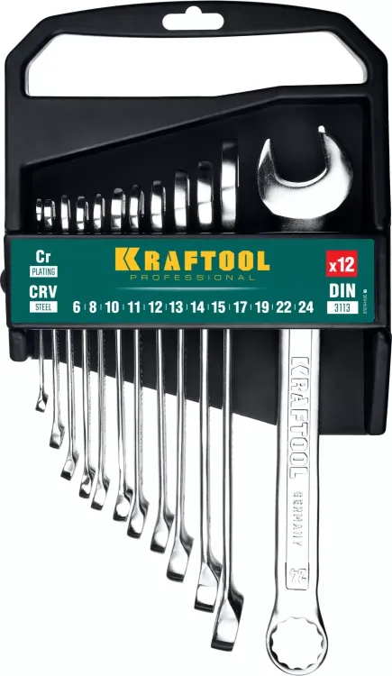 Наборы ключей комбинированных KRAFTOOL, Cr-V, DIN 3110, на пластиковой подвеске 27079-H12C купить в Нижневартовске