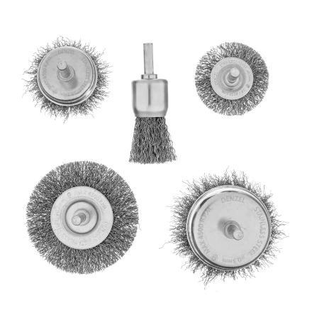 Набор щеток для дрели Denzel, 2 Плоские 50-75мм, 3 Чашки 25-50-75мм, шпилька,  нерж.вит. проволока 74493 купить в Нижневартовске
