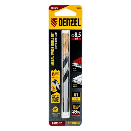 Сверло спиральное по металлу Denzel, 8,5 x 117мм, Р6М5, Golden Tip, многогранная заточка, 718283 купить в Нижневартовске