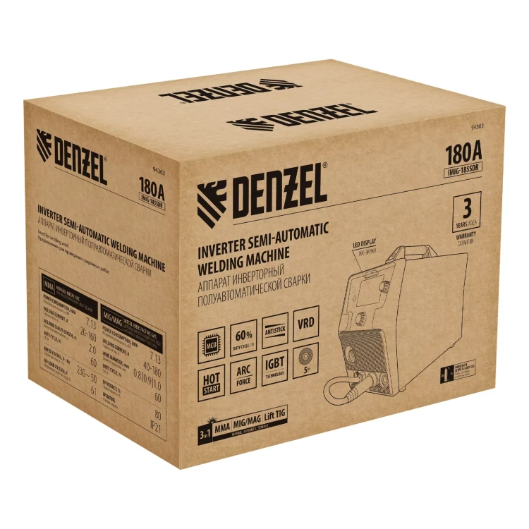 Аппарат инвертор. полуавтомат. cварки Denzel IMIG-185SDR 94363, 180 А, ПВ 60%, катушка 5 кг купить в Нижневартовске