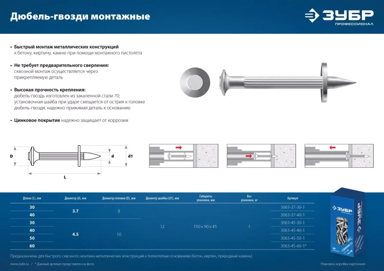 ЗУБР ДГМ, 60 x 4.5 мм, цинк, 1 кг, монтажный дюбель-гвоздь , Профессионал (3063-45-60-1) купить в Нижневартовске