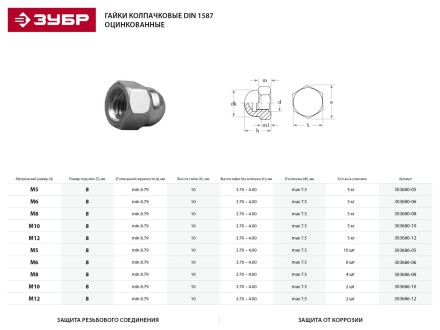 Гайка ЗУБР &quot;МАСТЕР&quot; колпачковая DIN 1587, оцинкованная,  M12, 5кг 303680-12 купить в Нижневартовске