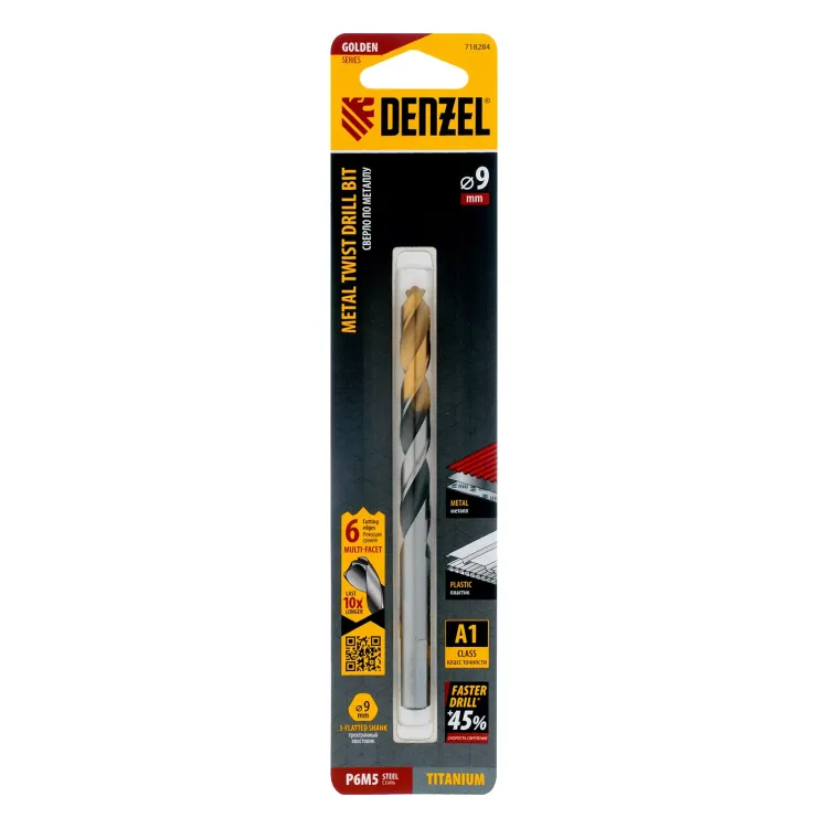 Сверло спиральное по металлу Denzel 9 x 125мм, Р6М5, Golden Tip, многогранная заточка, 718284 купить в Нижневартовске