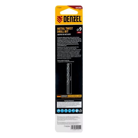 Сверло спиральное по металлу Denzel 9 x 125мм, Р6М5, Golden Tip, многогранная заточка, 718284 купить в Нижневартовске