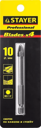 Сверло по кафелю, керамике, стеклу, с четырьмя режущими лезвиями, шестигранный хвостовик, 10 мм, STAYER "PROFESSIONAL" 2985-10 2985-10_z01 купить в Нижневартовске