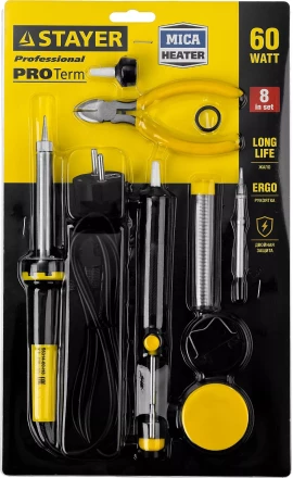 Набор STAYER "PROFI" для паяльных работ, паяльник 55300 + подставка + припой + жало сменное + шприц + насадка на жало + канифоль + кусачки, 60 Вт 55314-60-H8 купить в Нижневартовске