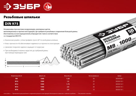 ЗУБР DIN 975, кл. пр. 4.8, М8 х 1000 мм, цинк, 50 шт, резьбовая шпилька (30330-08-1) купить в Нижневартовске
