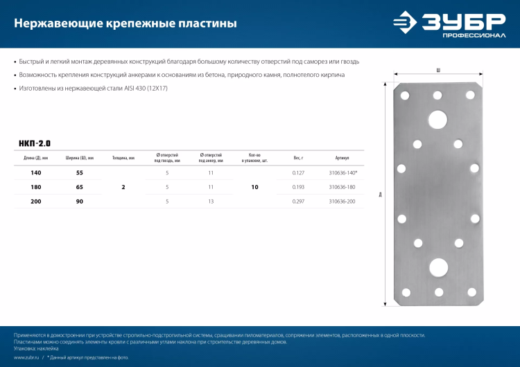 ЗУБР НКП-2.0, 180 x 65 x 2 мм, нержавеющая крепежная пластина, Профессионал (310636-180) купить в Нижневартовске