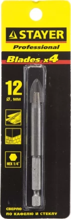 Сверло по кафелю, керамике, стеклу, с четырьмя режущими лезвиями, шестигранный хвостовик, 12 мм, STAYER "PROFESSIONAL" 2985-12 2985-12_z01 купить в Нижневартовске
