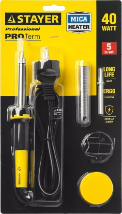 Набор для паяльных работ STAYER "PROFI" PROTerm, 55312-40-H5, паяльник 55300 + подставка + припой + жало сменное + канифоль, 40 Вт 55312-40-H5 купить в Нижневартовске
