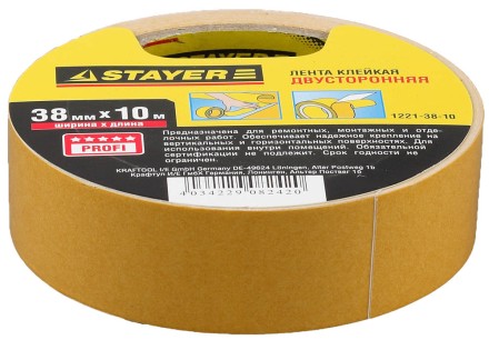 Двухсторонняя клейкая лента на полипропиленовой основе, STAYER 1221-38-10, 38мм х 10м 1221-38-10 купить в Нижневартовске