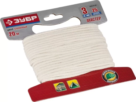 Шнур ЗУБР хлопковый плетеный, натуральный, без сердечника, d=3, 20 м, 25 кгс, 3,75 ктекс 50350-03-020 купить в Нижневартовске