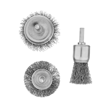 Набор щеток для дрели, 1 Плоская 50мм, 2 Чашки 25-50мм, шпилька, нерж. вит. проволока Denzel 74491 купить в Нижневартовске