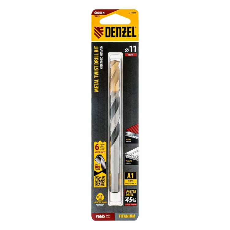 Сверло спиральное по металлу Denzel, 11 x 142мм, Р6М5, Golden Tip, многогранная заточка, 718286 купить в Нижневартовске