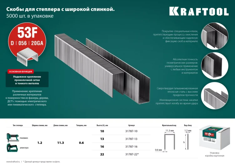 Скобы тип 20GA (53F / D / 056) 5000 шт 31787-22 купить в Нижневартовске