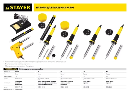 Набор для паяльных работ STAYER "PROFI" PROTerm, 55313-60-H6, паяльник 55300 + подставка + припой + жало сменное + шприц + насадка на жало, 60 Вт 55313-60-H6 купить в Нижневартовске