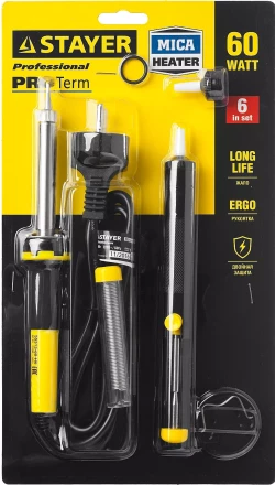 Набор для паяльных работ STAYER "PROFI" PROTerm, 55313-60-H6, паяльник 55300 + подставка + припой + жало сменное + шприц + насадка на жало, 60 Вт 55313-60-H6 купить в Нижневартовске