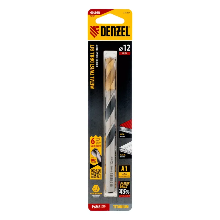 Сверло спиральное по металлу Denzel 12 x 151мм, Р6М5, Golden Tip, многогранная заточка, 718287 купить в Нижневартовске