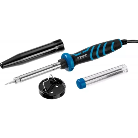 Паяльник ЗУБР "ПРОФЕССИОНАЛ" с двухкомпонентной рукояткой и защитным колпачком в наборе с припоем и подставкой, 40Вт, конус 55402-40_z01 купить в Нижневартовске