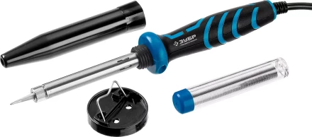 Паяльник ЗУБР "ПРОФЕССИОНАЛ" с двухкомпонентной рукояткой и защитным колпачком в наборе с припоем и подставкой, 40Вт, конус 55402-40_z01 купить в Нижневартовске