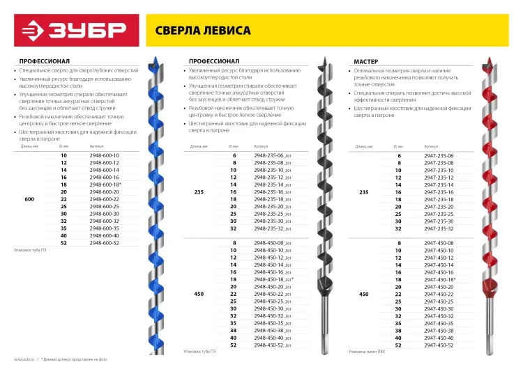 ЗУБР. Сверло по дереву, спираль Левиса, HEX хвостовик, 52х600мм 2948-600-52 купить в Нижневартовске