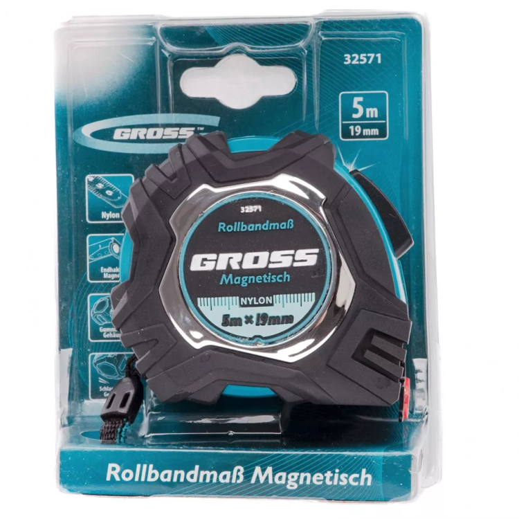 Рулетка Magnetisch 5 м х 19 мм обрезиненный корпус автоматическая фиксация Нейлоновое покрытиеытие зацеп с магнитом Gross 32571 купить в Нижневартовске