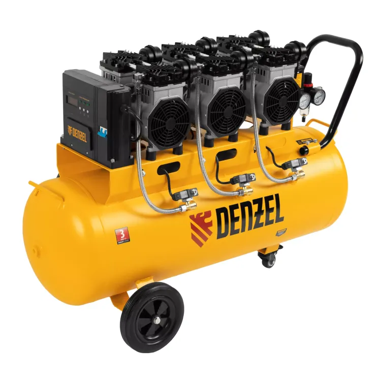 Компрессор безмасляный, малошумный Denzel DLS 3300/100, 3300 Вт,3x1100, 100 л, 570 л/мин ,блок управления купить в Нижневартовске