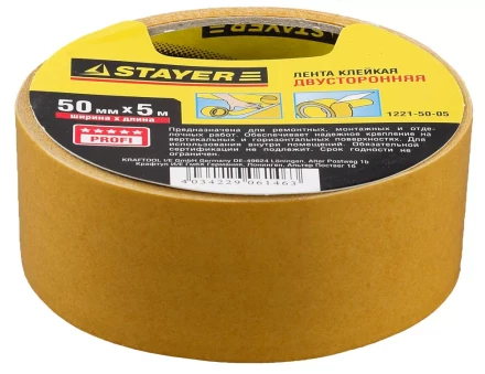 Двухсторонняя клейкая лента на полипропиленовой основе, STAYER 1221-50-05, 50мм х 5м 1221-50-05 купить в Нижневартовске