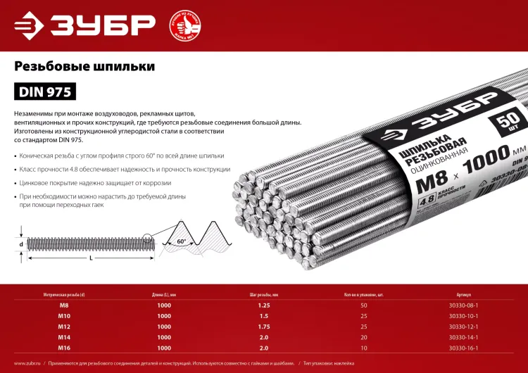 ЗУБР DIN 975, кл. пр. 4.8, М16 х 1000 мм, цинк, 10 шт, резьбовая шпилька (30330-16-1) купить в Нижневартовске