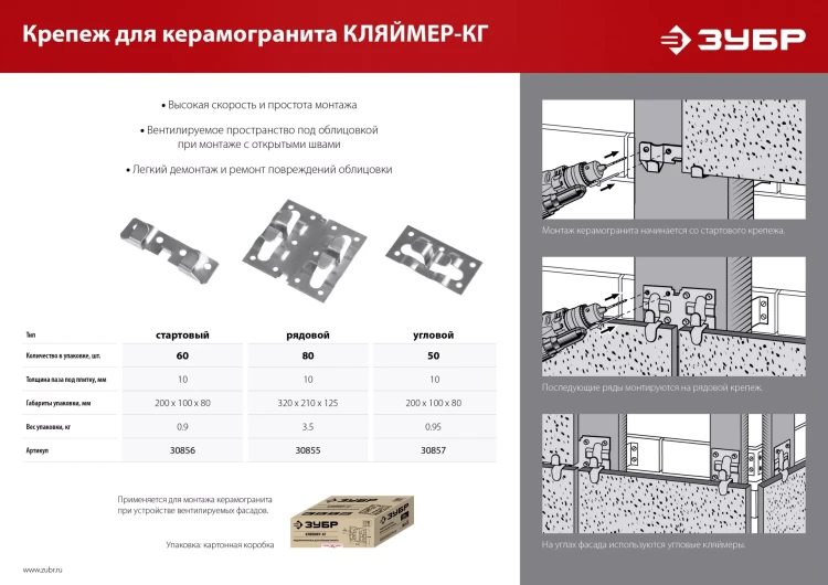 ЗУБР Кляймер-КГ, 10 x 20 x 75 мм, цинк, 60 шт, стартовый крепеж для керамогранита (30856) купить в Нижневартовске
