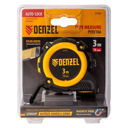 Рулетка Denzel 3м х 16мм, автоматич. фиксац., нейлон. покрытие, магнит. зацеп, двухстор. разметка, 31520 купить в Нижневартовске