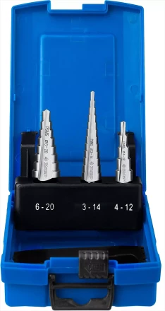 Набор ЗУБР ступенчатых сверл по сталям и цвет. мет. ст. Р6М5, d=3-14мм, 12ступ. d=4-12мм 5 ступ., d=6-20мм 14ступ. 29670-3-20-H3_z01 купить в Нижневартовске