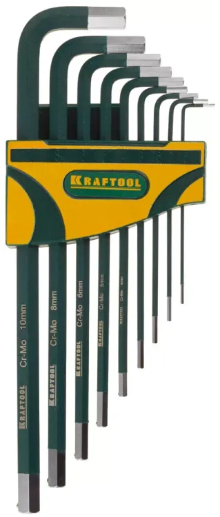 Набор ключей имбусовых KRAFTOOL "INDUSTRIE" длинные,Cr-Mo сталь(S2),хромир покрытие с противоскол напыл,HEX1,5-10мм,9шт 27443-H9 купить в Нижневартовске