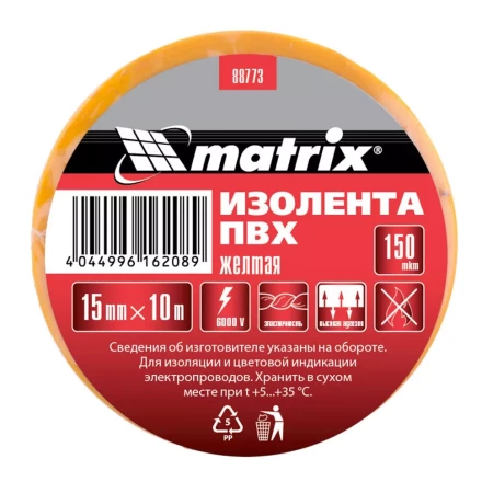 Изолента ПВХ 15 мм х 10 м желтая 150 мкм Matrix 88773 купить в Нижневартовске