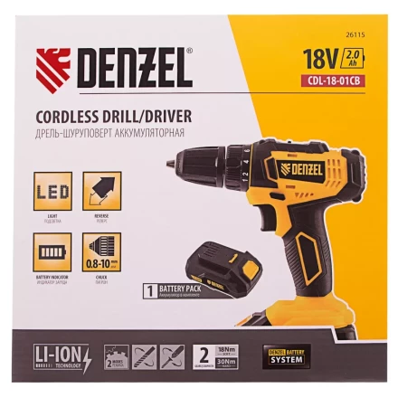 Дрель-шуруповерт аккумуляторная Denzel 26115, CDL-18-01CB, Li-Ion, 18 В, 1 аккумулятор купить в Нижневартовске