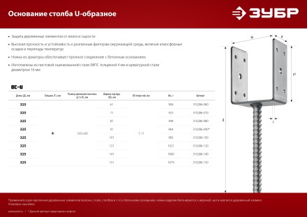 ЗУБР ОС-U, 101 x 120 x 60 мм, U-образное основание столба (310286-100) купить в Нижневартовске