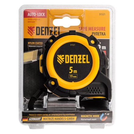 Рулетка Denzel 5м х 19мм, автоматич. фиксац., нейлон. покрытие, магнит. зацеп, двухстор. разметка, 31521 купить в Нижневартовске