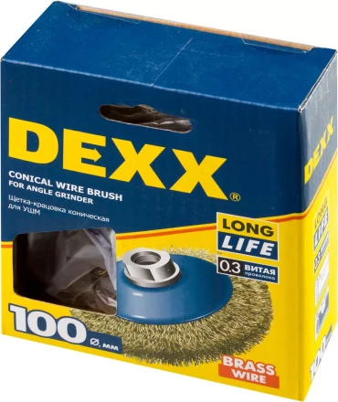 DEXX. Щетка коническая для УШМ, витая стальная латунированная проволока 0,3мм, 100ммхМ14 35105-100 купить в Нижневартовске