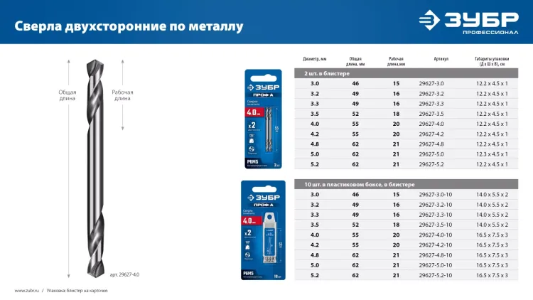 ЗУБР Профессионал 4.0х55мм, Сверло двухстороннее по металлу Проф-А, сталь Р6М5, класс А купить в Нижневартовске